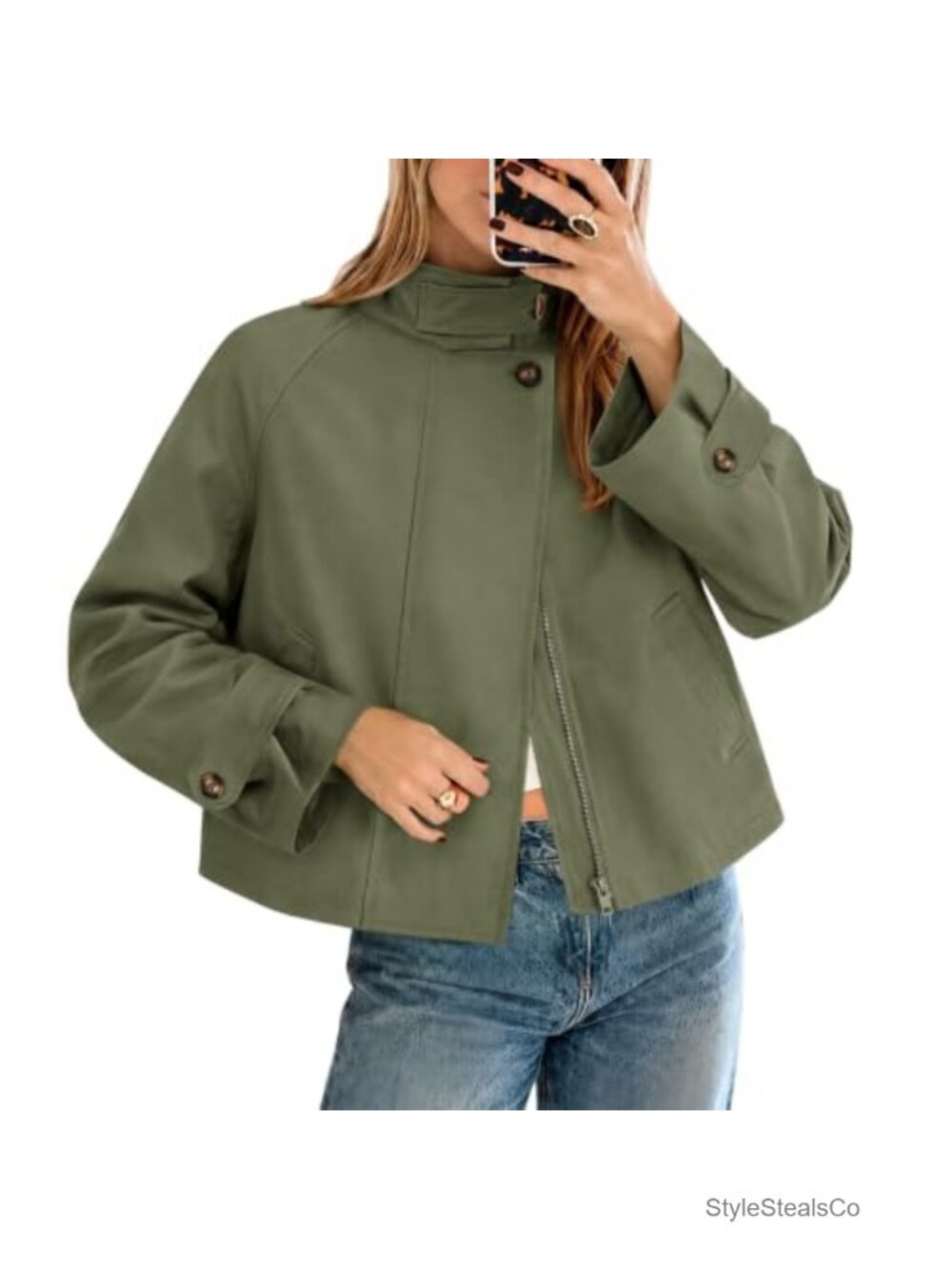 Cropped Trench Coat Funnel Neck Zip-Up Jacket Women's Casual Windproof